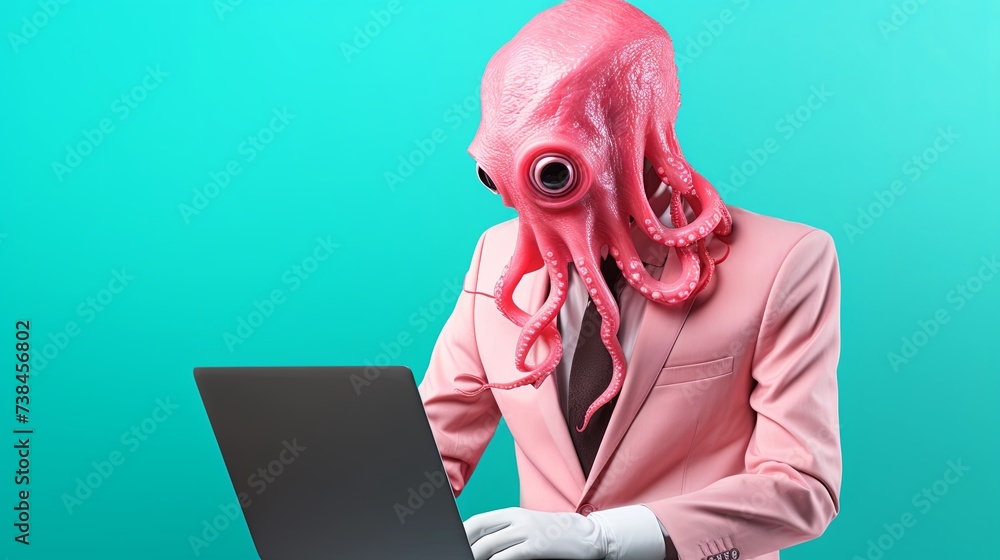 Fototapete Squid in suit using a laptop while working on bright pastel background. advertisement. presentation. commercial. editorial. copy text space.