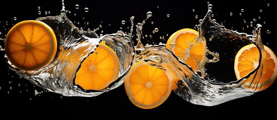 orange slices with water splash on black background