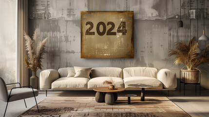 コンクリート打ちっぱなしの壁の白いソファーがあるモダンな部屋に「2024」の文字が書いてあるアートが飾ってある
