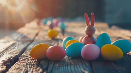 A close-up shot of vibrant Easter eggs arranged meticulously to form a whimsical bunny shape against a rustic wooden tabletop, bathed in soft natural light - obrazy, fototapety, plakaty