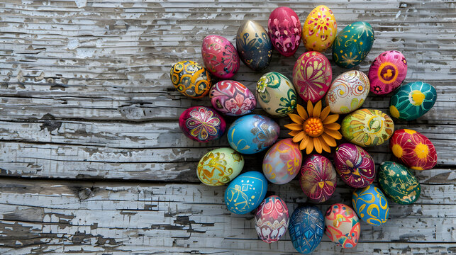 A mesmerizing image showcasing the skillful arrangement of Easter eggs resembling a blooming flower, placed on a rustic wooden table against a backdrop of pure white, each egg boasting.