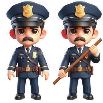 3d cartoon style police officer with gun and stick isolated in transparent background, PNG image