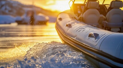 Inflatable Boat on Frozen River at Sunset. Generative ai
