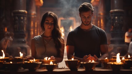 Front view of woman and man praying at the temple with burning incense