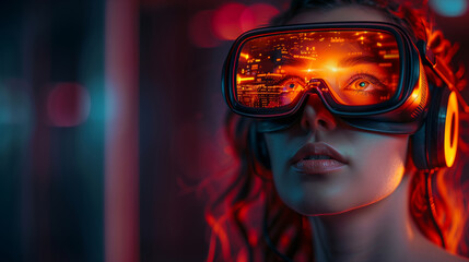 Young woman wearing high-tech virtual reality glasses and headphones on background with copy space