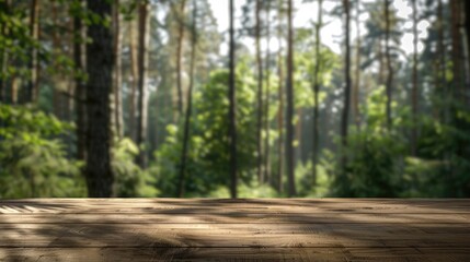 wooden board mockup for product. blur forest background