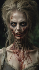 Scary zombie with bloody face closeup. evil, demon, skull and monster