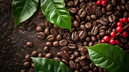 Foto op Plexiglas anti-reflex Coffee bean plant plantation with leaves and leaves. Banner background design  © PrettyVectors
