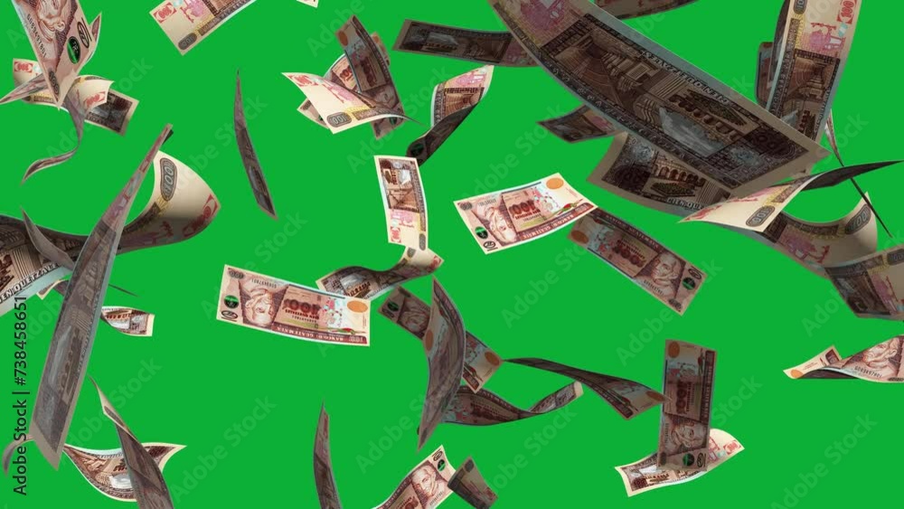 Poster 3D animation of Guatemalan Quetzal  notes Falling On green screen. Remove the background by keying or subtracting with the black and white matte to replace with a custom one
