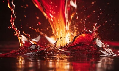 A bright and energetic splash of red liquid, a moment in motion, illuminated by warm golden light, creating a sense of dynamism.