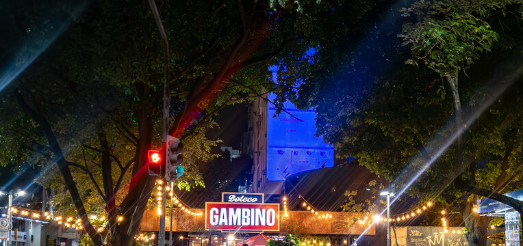 Boteco Gambino at night a crowded resturaunt in Catete, Rio de Janerio, Brazil from across the street