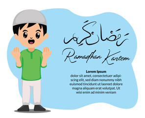 cartoon cute muslim boy praying happy ramadan kareem