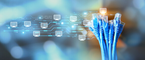 Lots of RJ45 UTP Cat6 LAN internet network cable fiber optic and Ethernet cables with computer icons data link connect cloud computing server networking devices system to switch or hub modem router.