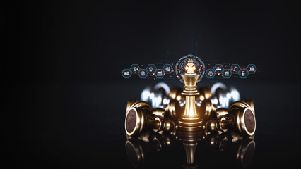 King on falling chess with teamwork icons concepts of leadership or wining challenge strategy and...