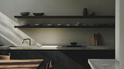 Modern Monochromatic Kitchen with Open Shelves AI Generated.
