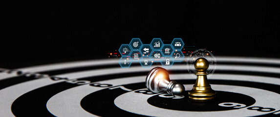Chess on center bullseye with teamwork icons concepts goal of leadership or wining challenge battle...