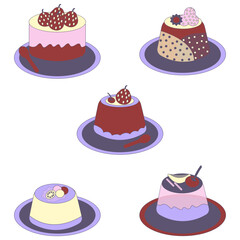 Sweet Pudding Dessert Illustration. Cute Cartoon Style. In Different Tasty. Isolated Vector