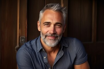 Portrait of a handsome mature man with gray hair smiling at the camera. - obrazy, fototapety, plakaty