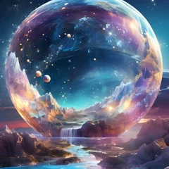 Foto op Canvas Highly detailed illustration of a hidden world inside planet earth made of crystal, continents on surface, atmosphere, galaxies in the background, holographic shimmer, whimsical lighting Generative AI © Borys