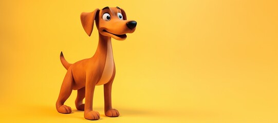 Cute brown dog isolated on yellow background. Funny cartoon character. Play dough. Clay plasticine style. Animal shelter or shop concept. Banner with copy space