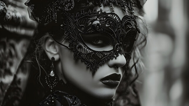A gothic woman wearing a filigree mask. a woman wearing a mask and a black dress. Gothic style.