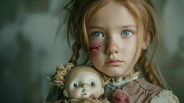 A young girl with a broken doll and a tearstained face symbolizing the loss of innocence, Young Girl Holding Bloodied Doll in Distressing Scene