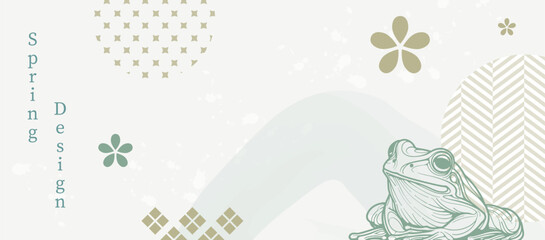 Asian Spring Floral Background: Oriental Frog and Water Wave Pattern, Rustic Wedding Texture, Abstract Pastel Nature Design with Modern Elements