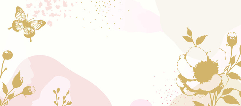 White Pink and Golden Spring Background with Flowers, Butterflies and other Floral and Grunge Abstract Elements. 