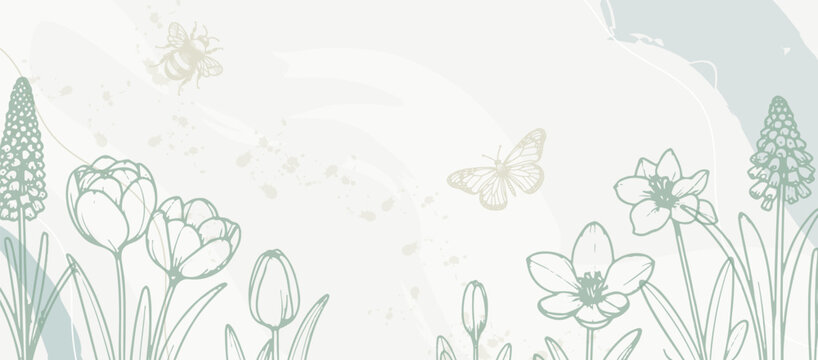 Wild flower spring background. Floral Pattern with flowers and butterflies for Wedding Background, Fashion Texture Banner, Abstract Spring Design. Vector Rustic Background. 