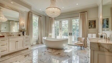 A chic bathroom with marble floors and a freestanding tub and illuminated by a crystal chandelier