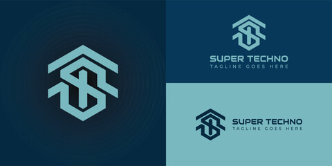 Fototapeta premium Abstract initial letter ST or TS logo in soft blue color presented with multiple deep blue background colors. The logo is suitable for home furnishing technology logo design inspiration template