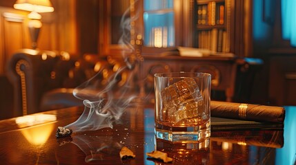 Fototapeta na wymiar A classic pairing whiskey and a cigar on a table