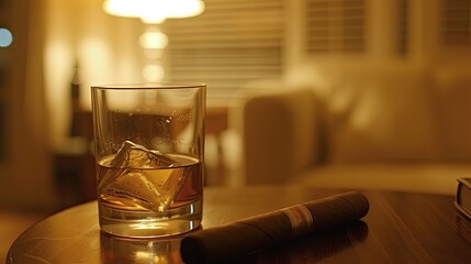 A classic pairing whiskey and a cigar on a table