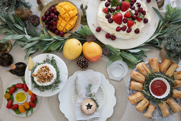Top-down shot of table prepared for Christmas meal