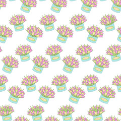 Seamless pattern of colorful tulips in box in trendy soft hues. Design idea for backdrop or wrapping