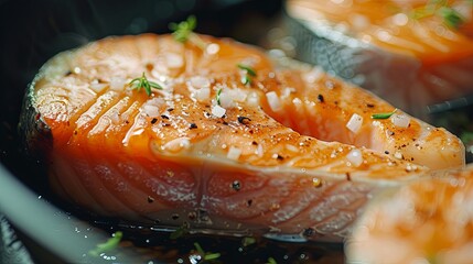 Red fish piece salmon tuna fried cooking on grill oil pan. Banner background design