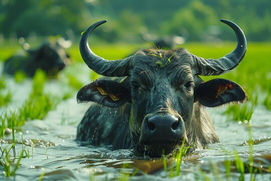 The atmosphere of the rice fields adorned with lush green rice plants, Rice farming with buffalo