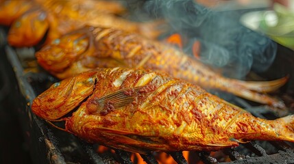 Obraz na płótnie Canvas Whole fish fried cooking on grill oil pan. Banner background design