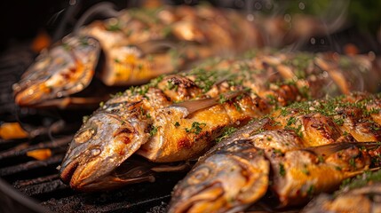 Whole fish fried cooking on grill oil pan. Banner background design