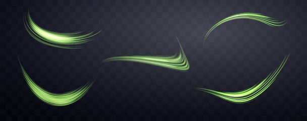 Glowing green lines set. Neon realistic energy speed. Abstract light effect on a dark transparent background. Vector illustration.