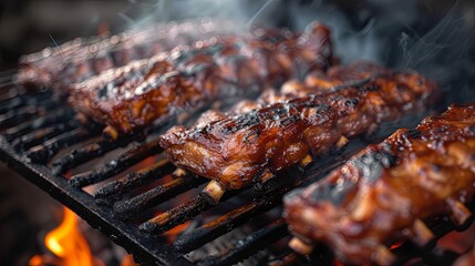 Meat ribs bbq grill steak cooking fried on oil fire. Banner background design