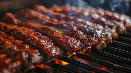 Meat ribs bbq grill steak cooking fried on oil fire. Banner background design