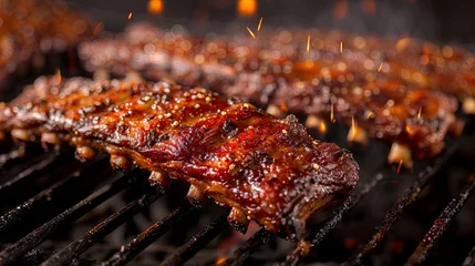 Sierkussen Meat ribs bbq grill steak cooking fried on oil fire. Banner background design © PrettyVectors
