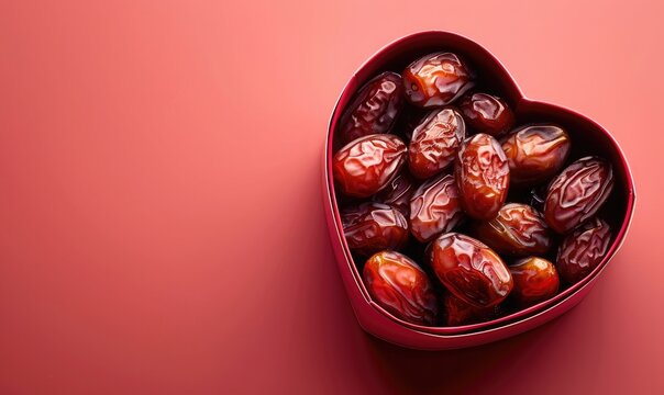 luxury arabic dates in heart shaped gift box, copy space -
