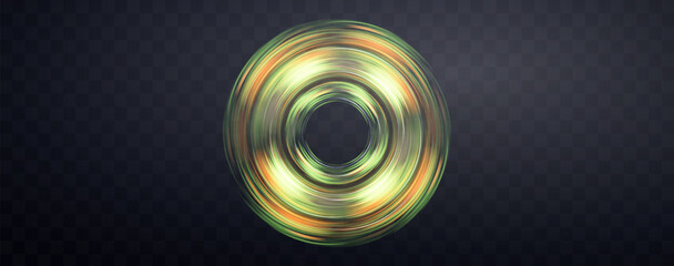 Green and orange magic ring. Zoom in motion effect, glow speed lines, colorful light trails, stripes. Abstract light effect on a dark transparent background. Vector illustration.