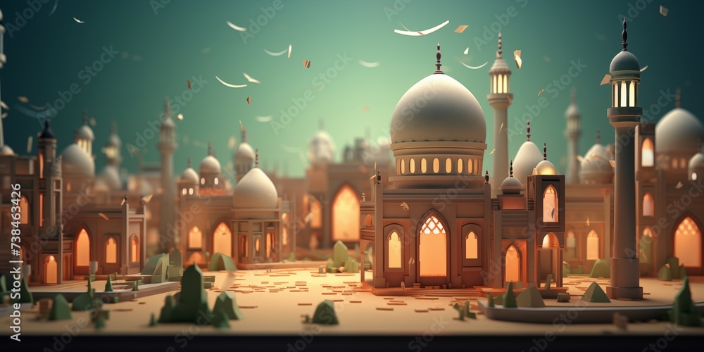 Wall mural 3d render paper art illustration of a mosque at the city for islamic ramadan kareem background or ei