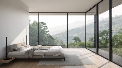 Sleek Bedroom with Stunning Scenic View and Floor-to-Ceiling Windows
