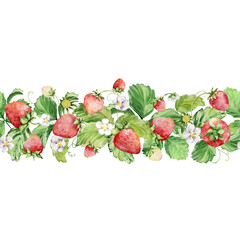 Seamless Border with watercolor straberries and leaves