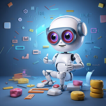 Blue Robot Jamming in Space with Headphones, Microphone, and Guitar - 3D Cartoon Character Illustration