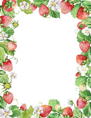 Frame with watercolor straberries and leaves